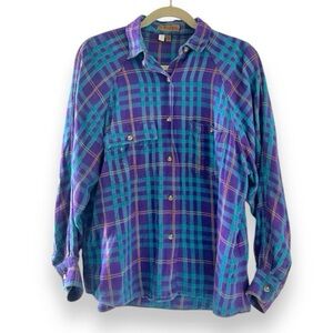 Vintage 90s Ruff Hewn Teal Purple Flannel Long Sleeve Button Down Top Size Large
